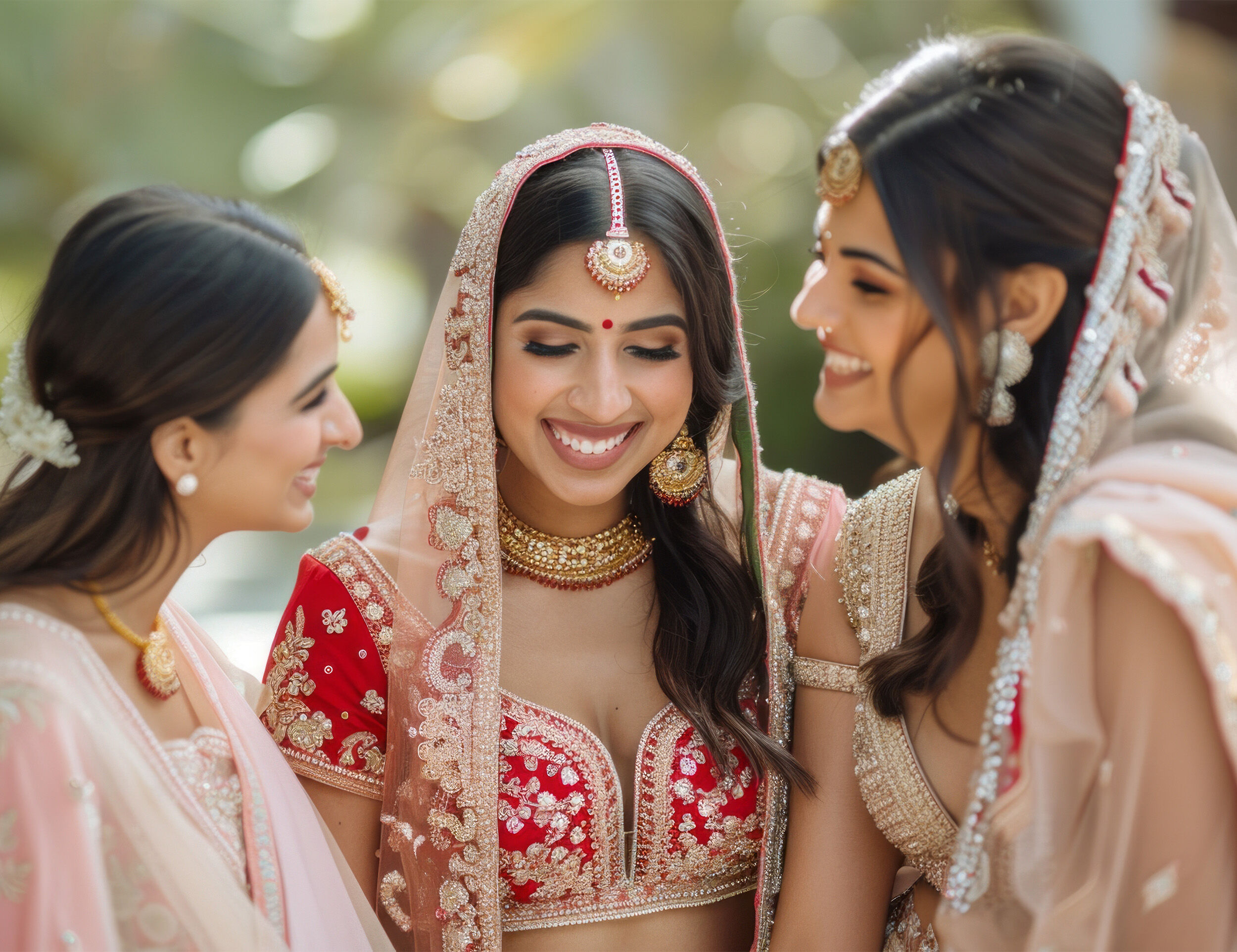 A beautiful bride with her bridesmaids amiling and enjoing